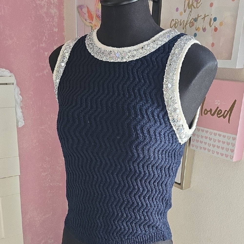 Navy Blue Sleeveless Top with White Accents